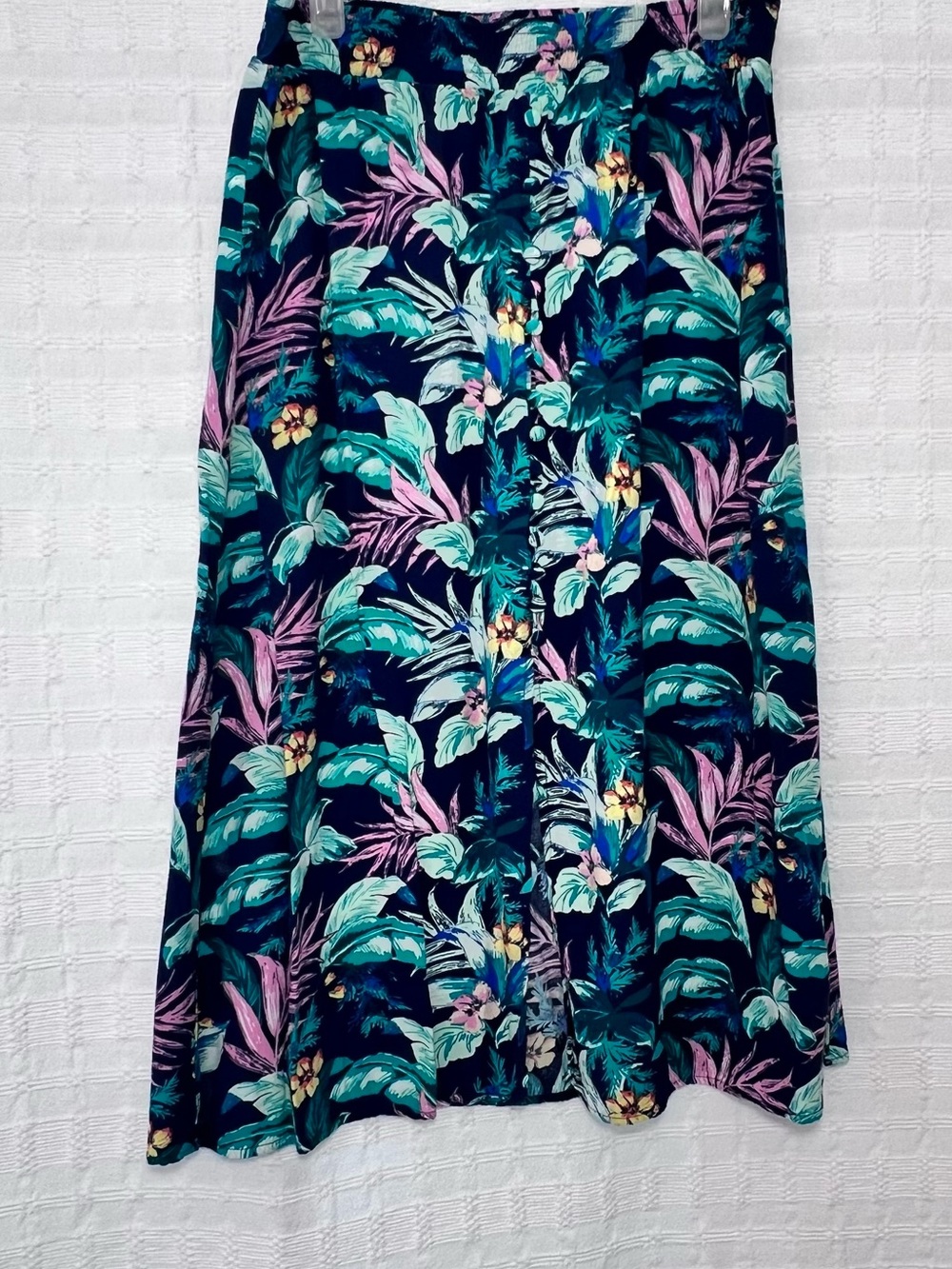 LOFT Navy Midi Skirt with Teal and Pink Tropical Leaves
